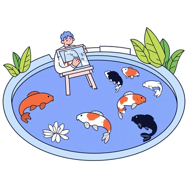 An artist is painting at the edge of a tranquil pond. The scene includes multiple koi fish swimming gracefully beneath the surface of the water. The koi fish exhibit a variety of vibrant colors, including orange, white, and black. The artist is focused on capturing the movement of the fish, with paintbrush strokes that mimic the fluidity of the water. Surrounding the pond are lush green plants and a few delicate water lilies floating on the surface. The sunlight casts reflections on the water, enhancing the overall brightness of the scene.