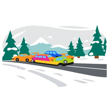 A car carrier truck loaded with several bright-colored cars is traveling along a snow-covered highway. The highway is flanked by tall pine trees draped in thick layers of snow. Flurries of snowflakes are gently falling from a gray winter sky. The scene captures the essence of a frosty winter day, with the truck leaving behind a trail of tire tracks in the freshly fallen snow. In the distance, a range of snow-capped mountains adds depth to the winter landscape.
