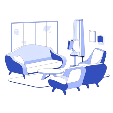 A modern living room features uniquely curved furniture pieces that are arranged thoughtfully within the space. There is a large, sculptural sofa with a smooth, flowing design that takes center stage. Surrounding it is a series of accent chairs, each showcasing distinctive shapes. A round coffee table sits in front, complementing the curves of the seating. The walls are adorned with sleek, minimalist artwork, and a large window allows light to fill the room, highlighting the furniture's elegant forms. A plush area rug anchors the seating area, adding a sense of comfort.