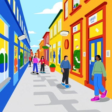 A charming SoHo street with cobblestone pavement. The street is lined with small art galleries featuring large windows displaying diverse illustrations. Each gallery has a unique facade, painted in bright colors like blue, yellow, and red. The doorways are adorned with potted plants and small signs hanging above each entrance. People stroll along the sidewalk, some stopping to admire the artwork in the windows. The sun casts warm light, creating lively shadows on the ground.