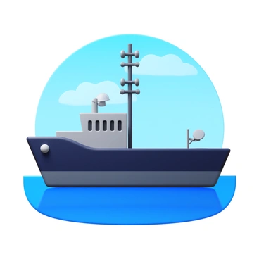 A navy barge with a high communication tower on its deck. The barge is painted in shades of dark blue and gray, reflecting its naval theme. The communication tower rises prominently from the center, featuring several antennas and satellite dishes. The background shows a clear blue sky with a few wispy clouds. The water beneath the barge is calm and reflects the colors of the barge and the sky.