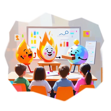 A whimsical illustration depicting the fire triangle as three friendly, animated characters. The first character is a cheerful flame, bright orange and yellow, with a smiling face, representing heat. The second character is a lively triangle, colored blue with arms, representing fuel, holding a small log. The third character is a friendly oxygen molecule, round and light blue, floating in the air with a happy expression. They are gathered in a playful classroom setting, surrounded by colorful charts and fire safety symbols, engaging with a group of attentive children. The scene is vibrant and filled with energy, emphasizing the importance of fire safety education.