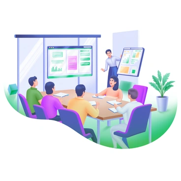 A modern meeting room with a large rectangular table surrounded by several colleagues. At the head of the table, a team leader is standing and using a digital presentation device to display a strategy chart on the wall. The leader is gesturing towards the chart, which includes graphs and key points. Colleagues are seated, engaged in the discussion, with some taking notes, while others are looking at the presentation. The room has large windows letting in natural light, and there are potted plants in the corners. The atmosphere is focused and collaborative.