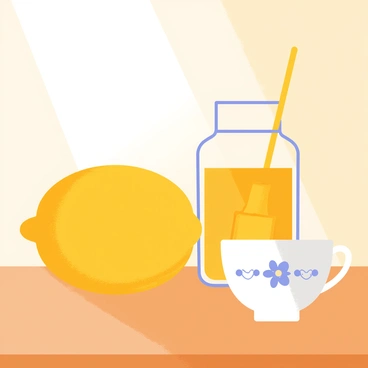 A bright yellow lemon sitting next to a clear glass jar filled with golden honey. A white teacup with a delicate blue pattern is placed on a wooden kitchen table. Sunlight streams in, illuminating the lemon, honey jar, and teacup, creating a warm atmosphere.