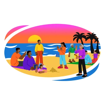 A group of people gathered on the sandy beach, all facing the horizon. The sky is filled with vibrant hues of orange, pink, and purple as the sun sets over the calm ocean. Some individuals are standing, while others are sitting on beach towels, capturing the moment with their smartphones. A couple of children are playing in the sand nearby, building a small sandcastle. The silhouettes of palm trees line the background, gently swaying in the warm breeze. The waves softly lap at the shore, reflecting the colorful sunset.