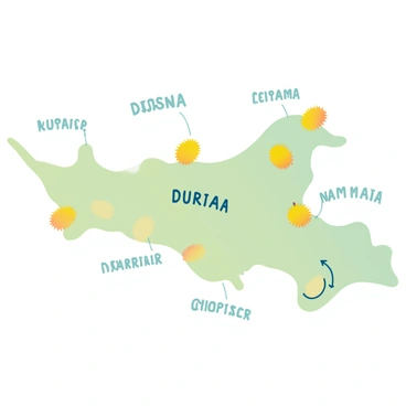 An illustrated map is displayed, predominantly featuring regions known for durian cultivation. The map showcases these areas with a light green background representing the land. Each region is marked with small, bright yellow durian symbols scattered across the map, indicating the significance of durian production in those locations. Additionally, gentle curves outline the geographical boundaries, and there are small labels in a whimsical font identifying each region. The overall layout is vibrant, emphasizing the distinct areas where durians thrive.