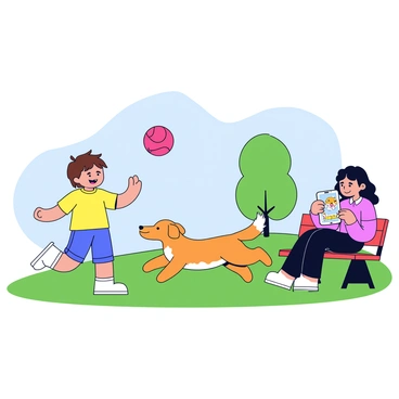 A child with short brown hair is throwing a bright red ball in a grassy park. The child is wearing a yellow t-shirt and denim shorts. A playful golden retriever is running after the ball, its fur shining in the sunlight. Nearby, a teenager with long black hair is seated on a park bench, focused on a smartphone. The screen displays a colorful pet simulation app, featuring a cartoon pet character. The background includes a few trees and a clear blue sky.