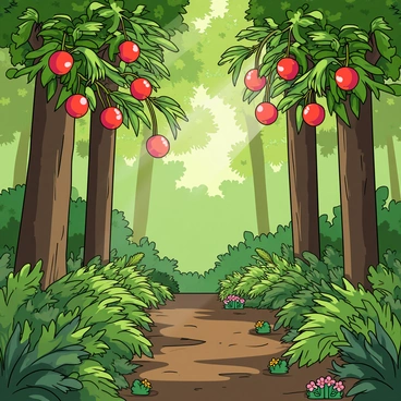 A hidden lychee grove nestled within a lush tropical forest, featuring several tall lychee trees laden with clusters of ripe, red lychees. Sunlight filters through the dense canopy above, casting dappled patterns of light and shadow on the rich green foliage below. The ground is covered in soft, dark soil interspersed with vibrant green ferns and small colorful flowers. A gentle breeze sways the leaves, adding a sense of motion to the tranquil scene. Occasional rays of sunlight illuminate the lychee fruit, enhancing their bright color in contrast to the surrounding greenery.