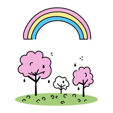 A "rainbow" arcs seamlessly across the sky, its vibrant colors clearly defined. Below, a "field of blooming apple trees" features delicate pink and white blossoms, their petals glistening with droplets of moisture from a recent light rain. The grass is lush and green, dotted with fresh blooms, creating a picturesque landscape under the "rainbow."