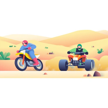 Two racers are speeding through a vast desert landscape, creating clouds of dust behind them. The first racer, wearing a bright red helmet and a blue racing suit, is riding a yellow dirt bike. The second racer, dressed in a green helmet and a black racing outfit, is on a sleek orange quad bike. The golden sand dunes rise and fall in the background, bathed in sunlight, while scattered cacti and rocky outcrops dot the terrain. As the bikes maneuver through the rough terrain, small particles of dust swirl up around the wheels, capturing the intensity of the race.