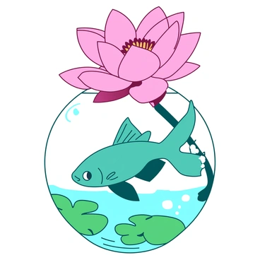 A teal betta fish with flowing fins is swimming gracefully beneath a large pink lotus flower that is partially open above the water's surface. The petals of the lotus flower are vibrant and delicate, casting soft shadows on the water below. The fish is gliding through clear water with small bubbles rising around it. There are green lily pads scattered on the water's surface, providing a natural habitat for the betta fish. The overall composition captures a tranquil underwater environment.