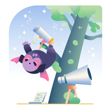 A curious bat with dark fur and large, curious eyes is peering through a silver telescope aimed at the stars. The bat is hanging upside down from a branch of a tall tree, surrounded by soft green leaves and moss. The night sky above is filled with sparkling stars, showcasing various constellations that are clearly visible. The telescope is mounted on a wooden stand, and there is a small notebook with scribbled notes lying on the branch beside the bat. A gentle breeze rustles through the leaves, adding a dynamic touch to the scene.