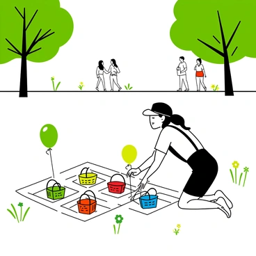 An event planner is kneeling on the grass, carefully laying out several picnic blankets in a sunny park. The blankets are arranged in a grid pattern, with vibrant picnic baskets placed strategically on each blanket. The planner is wearing a casual outfit with a cap to shield from the sun, and is surrounded by lush green trees and various colorful flowers. In the background, there are people walking and enjoying the park, creating a lively atmosphere. A few balloons are tied to the picnic baskets, adding a festive touch to the scene.
