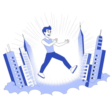A character is depicted in mid-air, executing a time jump surrounded by a burst of light. The character has a streamlined form, with a confident expression and a dynamic pose that conveys motion. In the background, a detailed cityscape is visible, featuring tall skyscrapers with distinct architectural designs, some with antennas and rooftop gardens. The ground below is partially obscured by the light effect, creating a sense of depth and energy. The scene captures the moment of transition between time periods, emphasizing the character’s movement and the vibrancy of the urban environment.