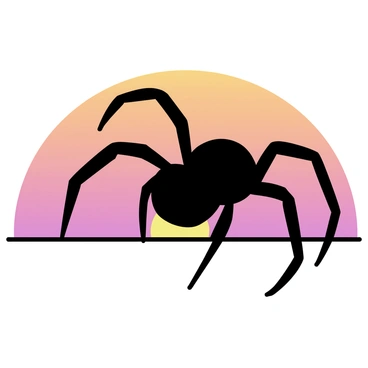 A giant spider silhouette, with long legs and a rounded body, is positioned against a vibrant sunset sky. The sun is low on the horizon, creating an array of warm colors such as orange, pink, and purple that blend seamlessly. The spider's form is distinct and sharp, standing out to capture attention. The intricate details of its legs are clearly defined in the silhouette, while the bright sky provides a contrasting backdrop.