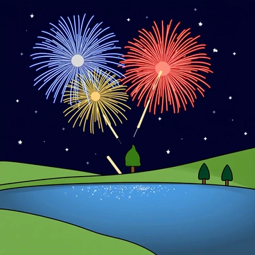 Fireworks reflecting on a calm lake as seen from a nearby hill
