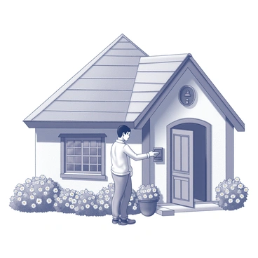 A guest stands in front of a charming cottage, preparing to press the doorbell. The cottage features a steeply pitched roof, and its wooden door is framed by an array of vibrant flowers. The blossoms include roses and daisies, creating a lush garden in front of the cottage. The guest, dressed casually, extends a hand towards the bell, which is mounted on the wall beside the door. The scene is tranquil, capturing a moment of anticipation as the guest reaches out to announce their arrival.