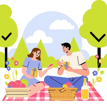 A couple sitting on a red and white checkered picnic blanket in a sunny park. The woman has long brown hair and is wearing a light blue dress, while the man has short black hair and is dressed in a white shirt and jeans. They are smiling at each other as they exchange brightly wrapped gifts decorated with colorful bows. Around them, there are green trees and vibrant flowers in full bloom, with a blue sky overhead dotted with fluffy white clouds. A wicker picnic basket filled with fruits and a bottle of sparkling juice sits beside them.
