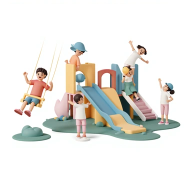 Several children are playing joyfully in a vibrant preschool playground. One child, wearing a red t-shirt and blue shorts, swings back and forth on a bright yellow swing, laughing as the wind blows through their hair. Nearby, a girl in a green dress slides down a colorful slide, gleefully raising her arms in excitement. A boy, dressed in a blue cap and orange shirt, is climbing up a climbing frame, while another girl, wearing a white shirt and pink leggings, waits at the bottom of the slide, ready to cheer for her friend. Surrounding them are colorful play structures, gentle grass, and playful decorations that enhance the cheerful atmosphere of the playground.