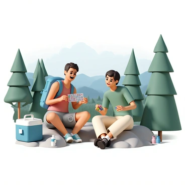 Two hikers are sitting on a rocky outcrop along a scenic trail, surrounded by lush green trees and a view of distant mountains. The first hiker, wearing a blue backpack, a red tank top, and cargo shorts, is holding a bingo card and looking excited. The second hiker, dressed in a green shirt and light beige pants, is leaning forward with a smile, holding a handful of colorful markers. A small cooler is next to them, along with water bottles and snacks. Sunlight filters through the trees, casting dappled shadows on the ground as they enjoy their break.