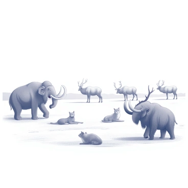 A snowy plateau where prehistoric animals graze peacefully