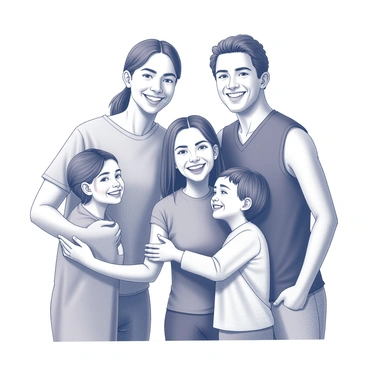 A family of diverse ethnicities gathered together for a portrait. Each member is smiling joyfully, showcasing a sense of togetherness. The group consists of two adults and two children. The adults are standing in the center, with one adult's arm wrapped around the other, displaying affection. The children are positioned in front, leaning closely against their parents. The background is neutral to emphasize the family's close bond and expressions of happiness. "A loving family portrait" is displayed prominently at the top.
