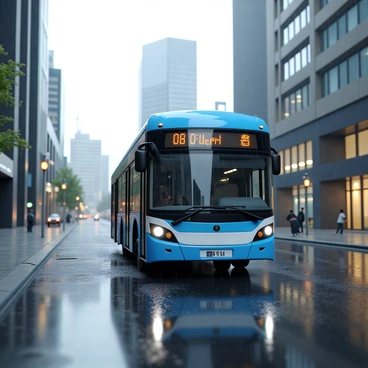 A new city bus in bright blue and white colors is driving along a city street. The bus is modern in design, with large windows and an electronic display on the front. Raindrops are falling from a gray sky, creating a dynamic atmosphere. The wet road reflects the bus and surrounding buildings, which are tall and made of glass and concrete. Puddles form along the edges of the street, enhancing the reflections. The scene captures the essence of a city during a rainy day.
