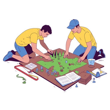 Two friends are kneeling on a wooden floor, carefully arranging a detailed wargaming battlefield. One friend has a yellow shirt, and he is placing miniature trees and hills on the table. The other friend is wearing a blue cap, and he is positioning tiny soldiers and buildings on the battlefield. There are various painted miniatures scattered around, each representing different factions in the game. A measuring tape is draped across the edge of the table, and a stack of rulebooks sits nearby, ready for use. The atmosphere reflects their focus and excitement as they prepare for their game.
