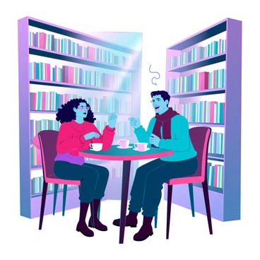 A small, cozy bookstore with wooden shelves filled with various books. There are two characters seated at a round table, engaged in a lively discussion. One character is a woman with curly hair and glasses, wearing a cozy sweater. The other character is a man with short hair and a scarf, leaning forward, animatedly sharing his thoughts. They each have a steaming cup of tea in front of them. Soft light pours in from a nearby window, casting warm shadows across the floor, enhancing the inviting atmosphere of the space.