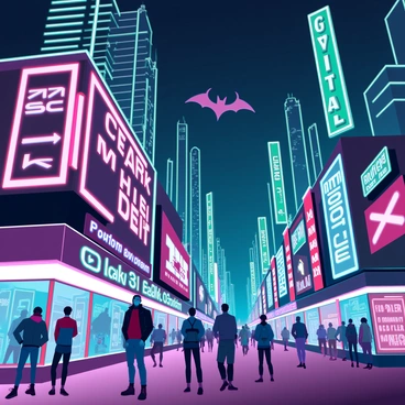 A busy street in Gotham City, illuminated by vibrant neon signs in various colors, such as pink, green, and blue. The signs feature bold, dynamic lettering advertising various fictional businesses and entertainment venues. The street is bustling with diverse pedestrians in stylish, futuristic clothing, some stopping to admire the neon lights. Skyscrapers with sharp angles and glass facades surround the area, reflecting the bright colors of the signs. A dark sky looms above, punctuated by the occasional silhouette of a distant bat flying overhead. The atmosphere is filled with energy and movement, capturing the essence of a lively urban nightlife.