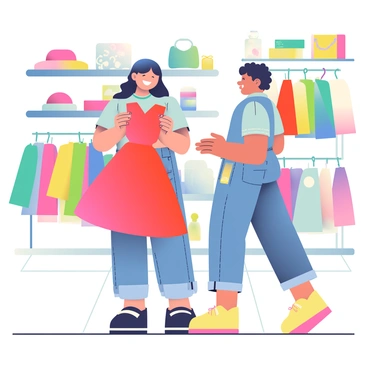 A salesperson with dark hair and a cheerful expression is standing in a colorful clothing store. They are holding a vibrant red dress and presenting it to a customer. The customer, wearing casual jeans and a light blue top, is looking at the dress with an interested smile. In the background, various outfits in bright colors hang on racks, showcasing a range of patterns and styles. There are also accessories like hats and bags displayed on shelves, adding to the lively atmosphere of the store. The floor is tiled in a light shade that complements the vibrant clothing.