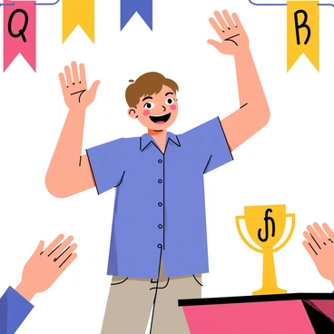 A contestant with short brown hair wearing a blue shirt is standing on a stage, raising their hands in victory. The contestant has a wide smile on their face, showing excitement and triumph. In the background, there are colorful banners displaying letters and words. A trophy sits on a table nearby, reflecting the contestant's achievement after spelling the final word correctly. The audience is visible, clapping and cheering, adding to the celebratory atmosphere.