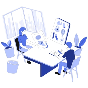 A scientific illustrator is sitting across a sleek, modern desk from an employer in a contemporary office. The illustrator is presenting their portfolio, which is open and displayed prominently on the desk. The portfolio shows detailed illustrations of various biological specimens. The employer is attentively listening, with a notepad and pen in hand, taking notes. Large windows in the background reveal a cityscape, while minimalist furniture and plants add to the modern atmosphere of the office. The lighting is bright and well-distributed, enhancing the professional setting.