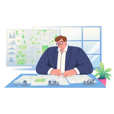 An urban planner with light skin and short brown hair is standing next to a large desk covered in blueprints and architectural models. The planner is wearing a navy blazer over a white shirt and glasses. On the desk, there are detailed blueprints featuring city layouts with roads, buildings, and green spaces, all drawn in fine lines. Various small models of buildings and parks are placed alongside the blueprints. A large window behind the planner allows natural light to illuminate the workspace, and a potted plant sits in the corner of the room.