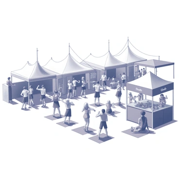 An outdoor festival scene filled with activity and vibrancy. Various tents are set up in a row, each with distinct shapes and textures, providing shade for the attendees. Groups of people are dancing joyfully, some with raised hands and others in pairs, enjoying the festive atmosphere. Numerous food stalls are present, displaying an array of food items, with signs indicating their offerings. The ground is bustling with festivalgoers, some sitting on blankets while others are standing and chatting.