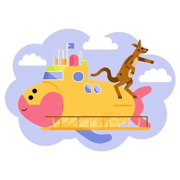 A kangaroo with a brown fur coat is joyfully bounding around the wooden deck of a colorful airship shaped like a kangaroo. The airship has a large round body with a smiling face at the front and vibrant patterns in shades of orange and green. The deck is adorned with ropes and wooden railings, and there are fluffy white clouds in the blue sky surrounding the airship. The kangaroo leaps energetically, its powerful legs extended, with a playful expression on its face.