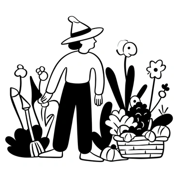 An old woman wearing a handmade "autumn bonnet" stands among various plants in her garden. She is surrounded by an assortment of "flowers" and "vegetables" thriving in the garden. Some plants are tall and leafy, while others are small and blooming, creating a lively setting. Nearby, there are gardening tools resting on the ground, and a basket filled with harvested produce sits beside her. The scene captures the essence of an abundant garden in the autumn season.