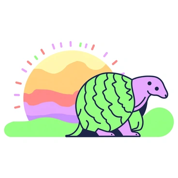 A pangolin is standing on its hind legs, with its distinctive scaled body prominently displayed. The silhouette of the pangolin is outlined against a vibrant sunset on the horizon, showcasing a blend of colors that fill the sky. The sun is partially dipped below the horizon, with rays extending outward. The foreground features gentle rolling hills, adding depth to the scene. The overall composition focuses on the unique shape and scales of the pangolin as the central subject against the backdrop of the sunset.