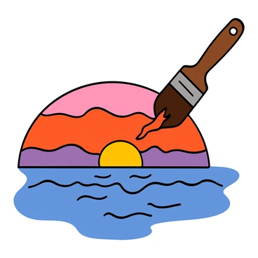 A large paintbrush with a wooden handle is being used to apply vibrant colors to a sky filled with hues of orange, pink, and purple, representing a setting sun. The paint is flowing from the brush, blending smoothly into the warm tones of the sky. Below, a serene ocean reflects these colors, with gentle waves lapping against each other. The scene captures the peaceful transition from day to night, with soft light illuminating the water's surface.