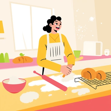 Frances having a fun adventure in the kitchen, flour flying as she makes bread.