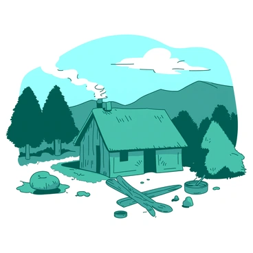 A teal indigenous hut with a thatched roof is situated in a serene mountain landscape. The hut has smoke gently rising from the chimney, blending into the clear blue sky above. Surrounding the hut are lush green trees, and the overall scene has rolling mountains in the background. A small dirt path leads from the village, creating a natural flow through the landscape. In front of the hut, there are details of hand-carved wooden artifacts resting on the ground, showcasing the village's craftsmanship.