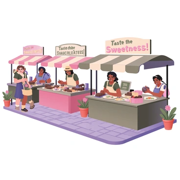 A digital flat illustration depicting a vibrant chocolate market. Numerous vendors are lined up, each with unique stalls filled with "handcrafted chocolate treats." One stall features a vendor with dark hair wearing an apron, displaying "chocolate truffles" arranged neatly on decorative plates. Another vendor sports a straw hat and is selling "chocolate bars" wrapped in colorful packaging. A child with curly hair is reaching for a "chocolate-covered strawberry" from a basket. Colorful banners above the stalls read "Taste the Sweetness!" in playful fonts. The ground is paved with cobblestones, and there are potted plants with flowers adorning the market, adding to the cheerful atmosphere.