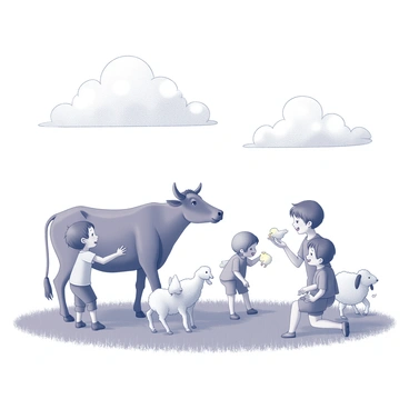 A group of children interacting joyfully with various farm animals in a wide open field. One child is gently petting a brown cow, while another is crouching down to feed a playful goat. Nearby, a child is holding a small chick, watching it curiously, and another child is laughing as a sheep approaches. The sky above is dotted with fluffy clouds, providing a bright backdrop to the engaging scene. The children are dressed in casual summer clothing, and the lush green grass is spread beneath them.