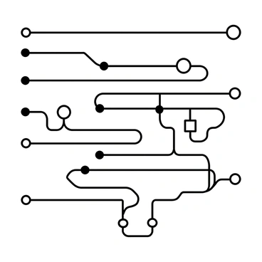 A minimalistic illustration of a futuristic circuit board design. The image features a network of interconnected lines and geometric shapes in a monochrome color scheme. Various node points are represented as small circles and squares, each positioned at strategic intersections of the lines. The overall layout has an organized, grid-like structure, emphasizing the complexity and technology of the circuit.