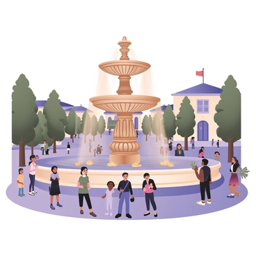 A grand fountain with intricate carvings and ornate details is showcased at the center of a bustling plaza. The fountain features multiple tiers, with streams of shiny coins and paper bills gushing from its spouts instead of water. The sunlight reflects off the metallic surfaces, creating a shimmering effect around the fountain. Surrounding the fountain, there are people of various ages and ethnicities, some smiling and admiring the fountain, while others are reaching out to catch the flowing money. Lush greenery, including well-maintained shrubs and trees, frames the plaza, adding a vibrant touch to the scene. In the background, there are buildings with classic architecture that enhance the grandeur of the setting.