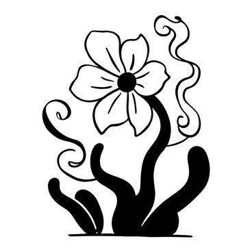A flower with twisted and warped shapes is at the center of the image, with petals curling and overlapping in intricate ways. The petals display various patterns that enhance the sense of depth, with some appearing to rise while others seem to sink. The flower is surrounded by abstract forms that resemble flowing lines and curves, adding to the overall complexity of the composition. There are light and dark regions within the flower, contributing to its dimensionality. The entire scene is arranged in a way that draws the viewer's eye toward the flower, emphasizing its unique structure.