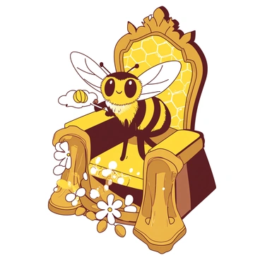 A yellow queen bee with a regal appearance is sitting on an ornate throne made of intricate golden honeycomb cells. The throne is elevated, showcasing its grandeur, with the honeycomb glistening under the light. Surrounding the queen bee, there are small delicate flowers in shades of white, adding to the opulence of the scene. The queen bee holds a tiny scepter made of honey, emphasizing her royal status. Her wings are slightly spread, displaying intricate patterns, and her expression conveys authority.