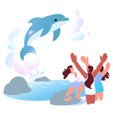 A playful dolphin is leaping out of the water, creating a splash as it rises above the surface. The scene features a rocky shore with a natural rock pool nearby. In the foreground, a group of excited children are watching the dolphin, their arms raised in delight. The children are wearing colorful summer clothes, and their hair is tousled by the breeze. The sky is filled with soft gradient pastel colors, adding a whimsical touch to the scene.