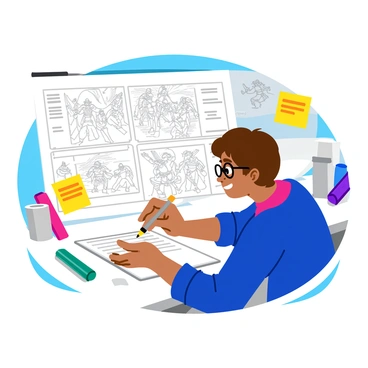 An artist sitting at a desk is drawing a storyboard. The artist has short brown hair and is wearing glasses. They are focused on their work, using a pencil to sketch on a large piece of paper. The storyboard features several panels that showcase dynamic scenes filled with action. One panel shows a superhero flying through the sky, while another panel depicts a fierce battle between two warriors. Each panel has characters in various poses, demonstrating movement and emotion. The workspace is cluttered with art supplies like markers and erasers, and there are sticky notes with notes and ideas scattered around.