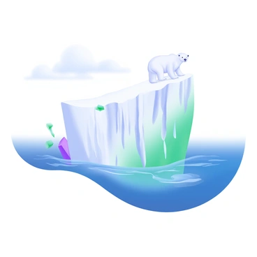 A large iceberg, partially submerged in deep blue ocean water, is shown melting with icy droplets cascading into the sea. Atop the iceberg, a small polar bear is standing, looking curiously into the distance. The bear's white fur contrasts with the bright blue and white of the iceberg and the surrounding water. In the background, gentle waves ripple around the iceberg, and the clear sky above is dotted with a few fluffy clouds.